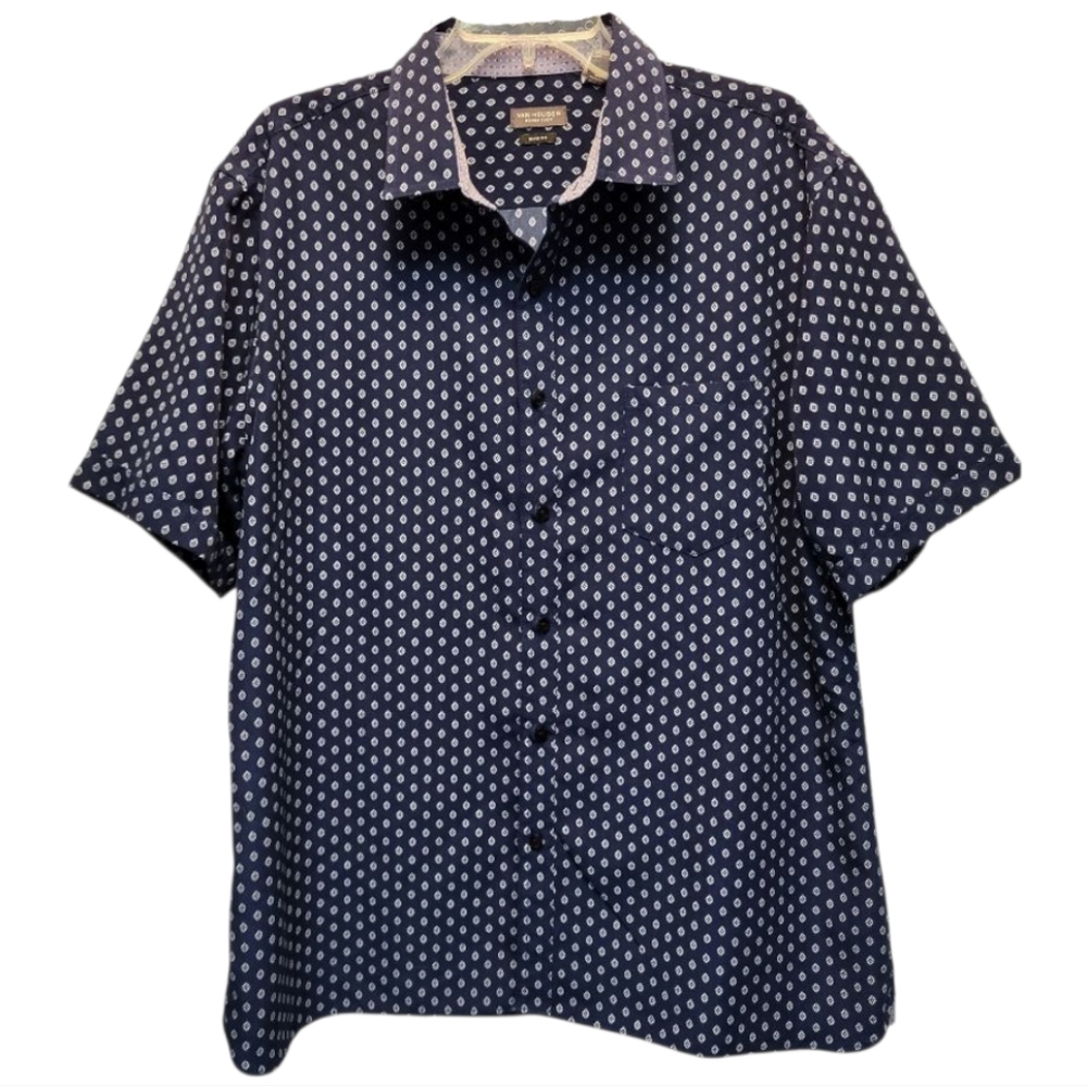 Van Heusen Mens Navy Blue Slim Fit Short Sleeved Patterned Shirt - Size XL